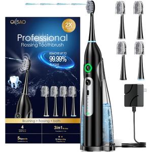 OILSAO Electric Toothbrush with Water Flosser, All in One Sonic Flossing Toothbrush with 3 Modes & 5 Flossing Speeds & 4 Brush Heads, Rechargeable & Portable for Adult Teeth Cleaning,Black