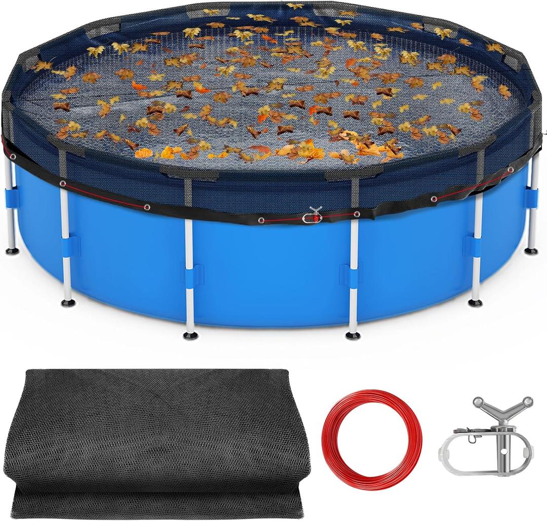 18 FT Pool Leaf Net Cover for Above Ground Pools, Ultra-Fine 0.15 Mesh Pool Cover with Winch & Cable, Pool Leaf Cover Prevents Leaves and Debris from Entering Pool