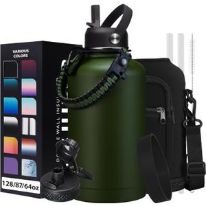 64oz Insulated Water Bottle with Straw & Auto Spout Lid - (Cold 48H & Hot 24H) Half Gallon Stainless Steel Water Jug with Paracord Handle, Metal Tactical Military Water Flask with Carrier Strap Bag (Army Green)
