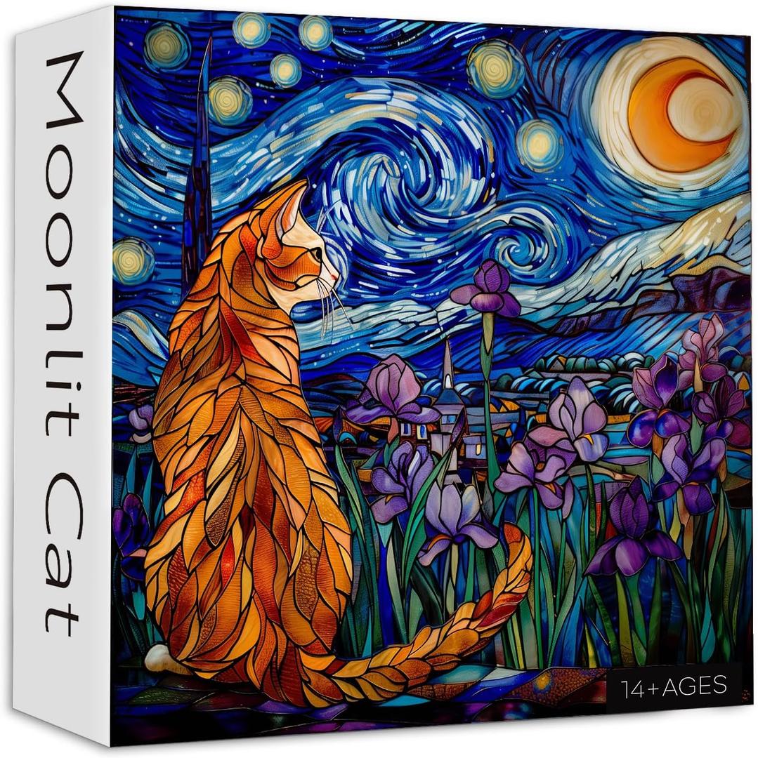 PICKFORU Stained Glass Puzzles: 1000 Pieces, Adults' Cat Lovers' Jigsaw Puzzle - Purple Iris Flowers, Starry Night, Moonlit Cat Flower
