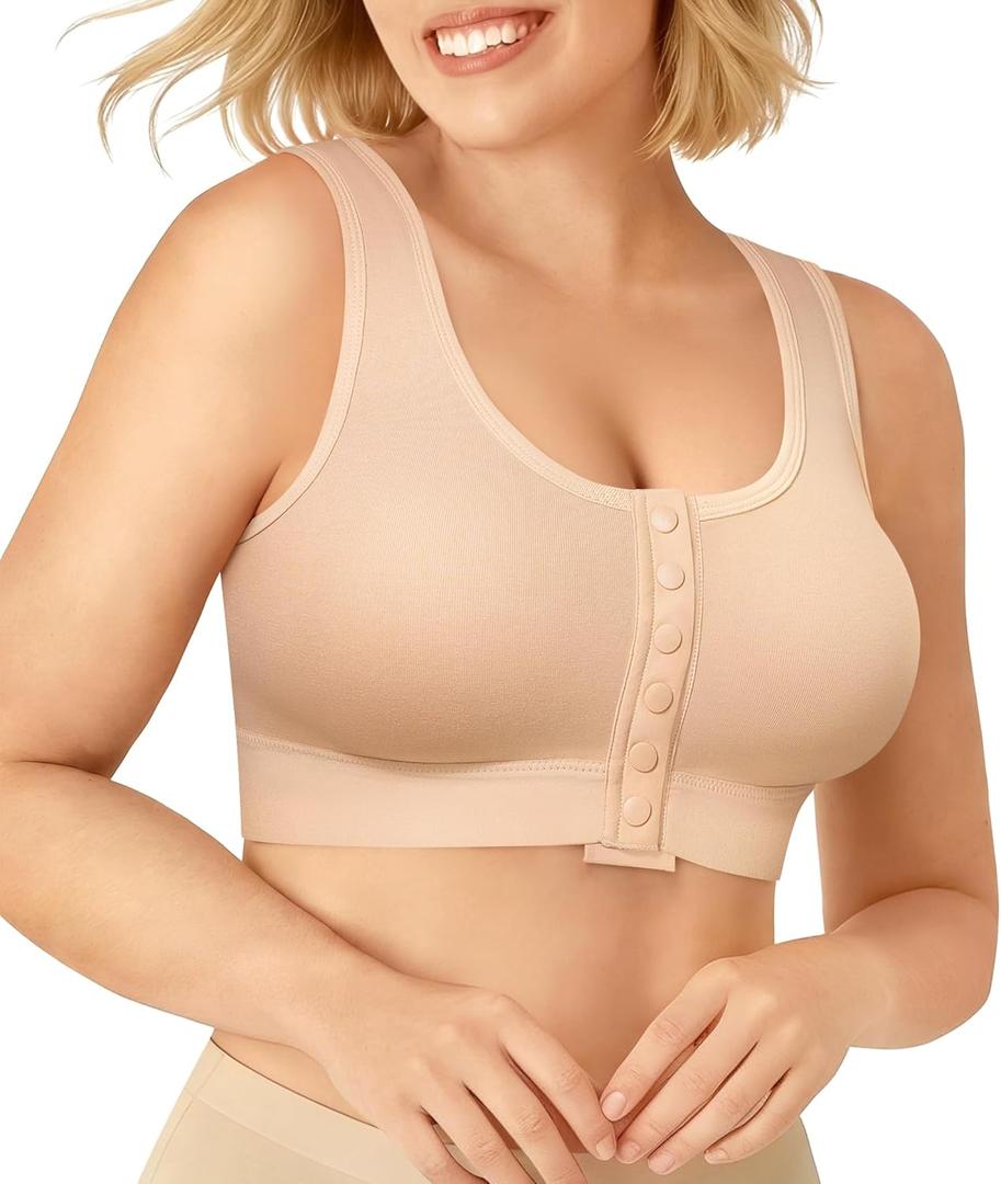 BRABIC Surgical Bra Front Closure - Comfort Compression Mastectomy Bras for Women Post Surgery with Full Coverage (Large, Beige)