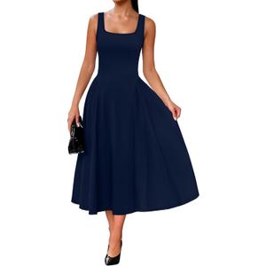 OFEEFAN Summer Dresses for Women Square Neck Corset A Line Maxi Dress Ruffle Ruched Waist Flowy Outfits (Blue, M)