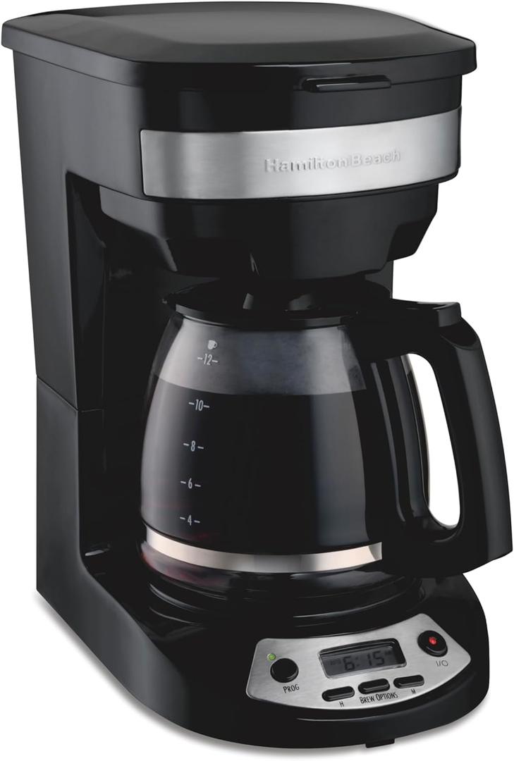 Hamilton Beach 12 Cup Programmable Drip Coffee Maker Machine, Regular & Bold Brew Options, Auto Pause and Pour, Glass Carafe, Black with Stainless Accents (46299J)