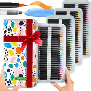 ARTISTRO 100 Watercolor Markers Teacher Appreciation Gifts  Brush Pens, Fineliner, Water Brush, Portable Bag  Vibrant, Washable, Non-Toxic  Ideal Gift for Women for Coloring, Calligraphy & Art