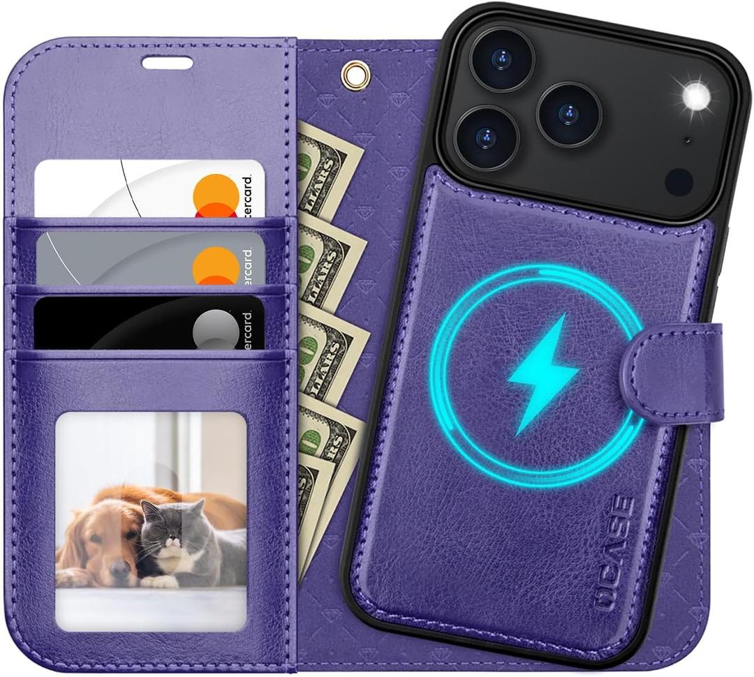 OCASE for iPhone 17 Pro Detachable Wallet Case with Card Holder, 2 in 1 PU Leather Flip Folio with RFID Blocking Stand Wrist Strap Shockproof Phone Cover 6.3 Inch 2025, Purple