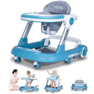 Baby Walker with Wheels 4 in 1 Foldable Activity Center with Mute Wheels Adjustable Heights Anti-Fall Activity Center for Boys Girls Safe Infant Toddler Walker with Footrest for 6-24 Months (Blue)