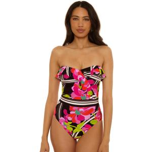 Trina Turk Women's Bougainvillea Ruffle Bandeau One Piece Swimsuit, Floral Print, Adjustable, Bathing Suits for Women (Pink) Size 12 