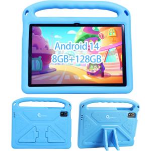 CWOWDEFU 2025 Tablet for Kids Pro, Android 14 Kids Tablet 10 inch,8GB+128GB Up to 1TB,Parental Control,WiFi 6,Face ID,GMS,Learning Tablets for Toddlers,Shockproof EVA Case (Blue)