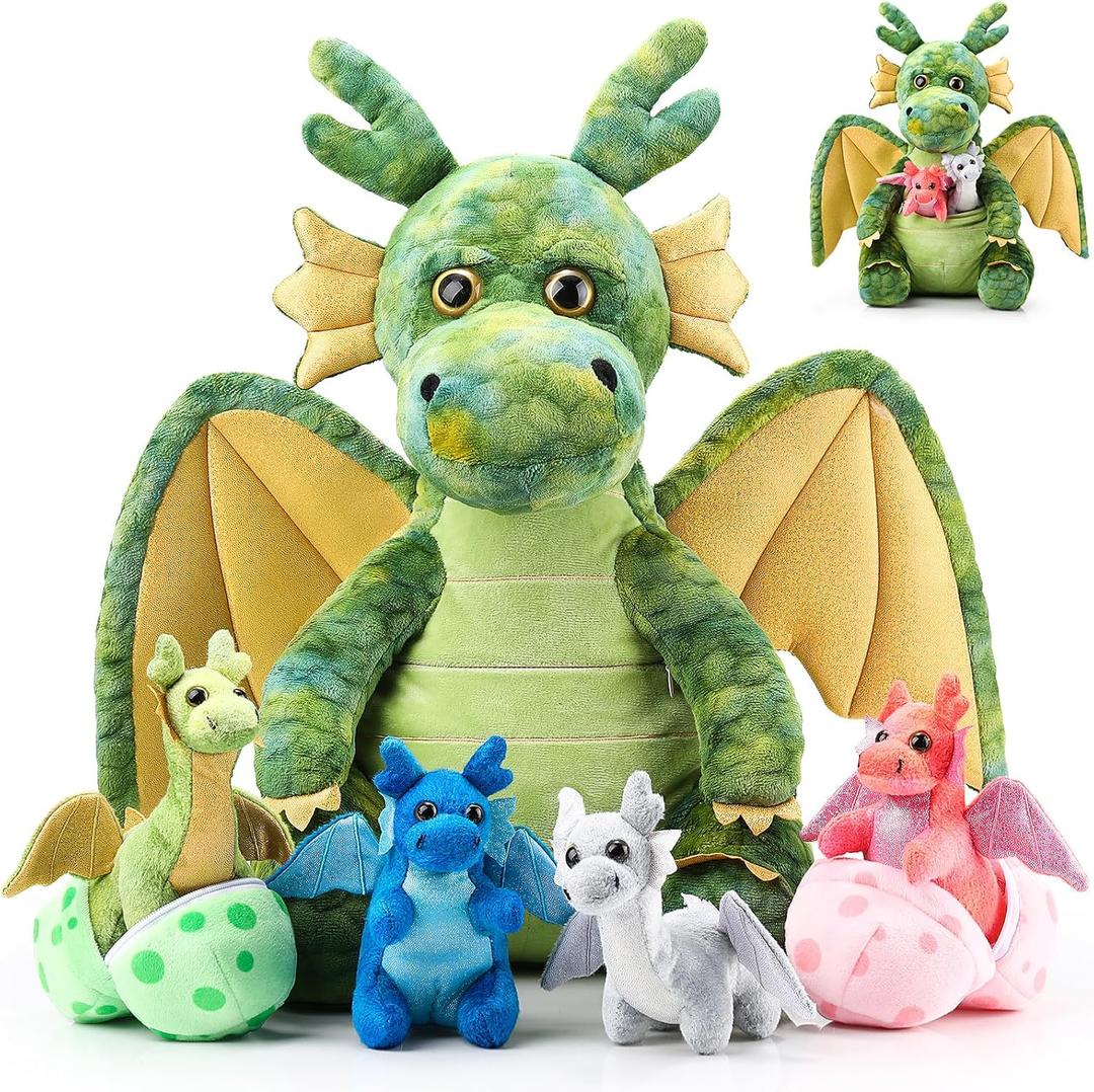 Arrowbash 7 Pcs Dragon Plush Toys Gift Set 15.75" Large Dragon Mom Stuffed Animal with 4 Cute Babies and 2 Eggs in Mommy's Belly for Kids Birthday Christmas Classroom Prizes(Green)