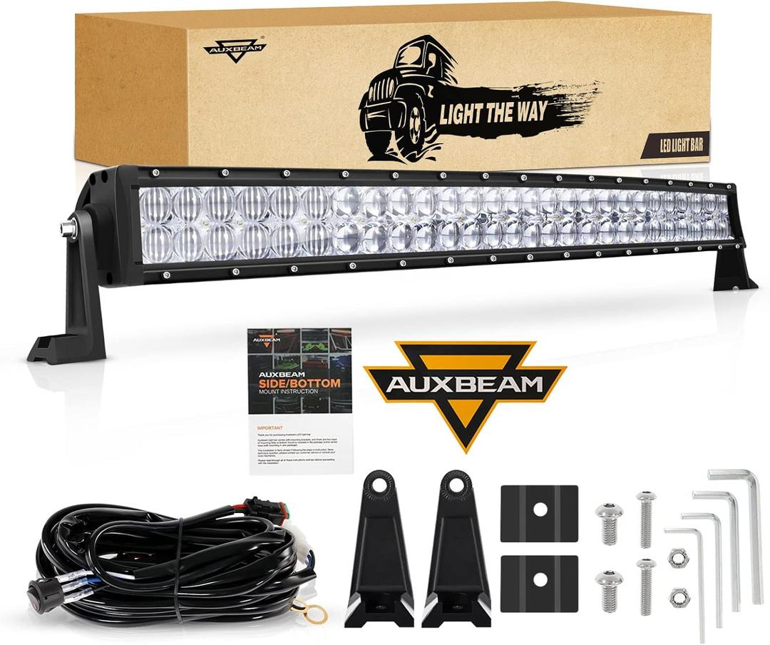 32 Inch LED Light Bar Curved, Auxbeam 180W Spot Flood Combo Beam Offroad Driving Lights with 5D Reflectors, 18000LM Off Road Fog Light with 12V DT Wiring Harness Kit for Jeep Pickup Trucks SUV ATV UTV