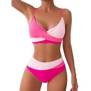 Sexybody Women' s High Waisted Bikini 2 Piece Tummy Control Swimsuits V Neck Modest Criss Cross Color Block Bathing Suit Medium 182 Rose Red