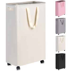 Slim Laundry Hamper with Wheels, Rolling Laundry Basket for Clothes, Small Laundry Basket for Bedroom, Dorm and Laundry Room, 75L (19.8 Gallons) Beige