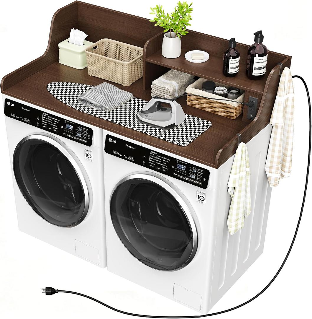 2 Tier Washer Dryer Countertop, 54" W x 27.5" D Laundry Countertop with Power Outlet, Wood Washer and Dryer Topper with Non-Slip Pad, Dryer Cover Shelf for Laundry Room Organization (Walnut)