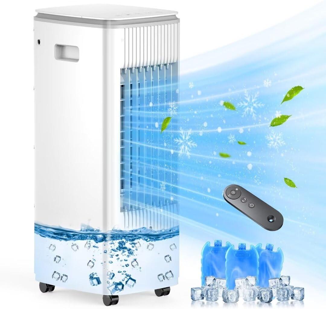 Portable Air Conditioner Ac Unit,BIESQYA Evaporative Swamp Cooling Fan with Humidifier,3-IN-1 windowless Ventless cooler for Room Offices,Remote,3 Speed,7H Timer,3L Water Tank,3 Ice Pack