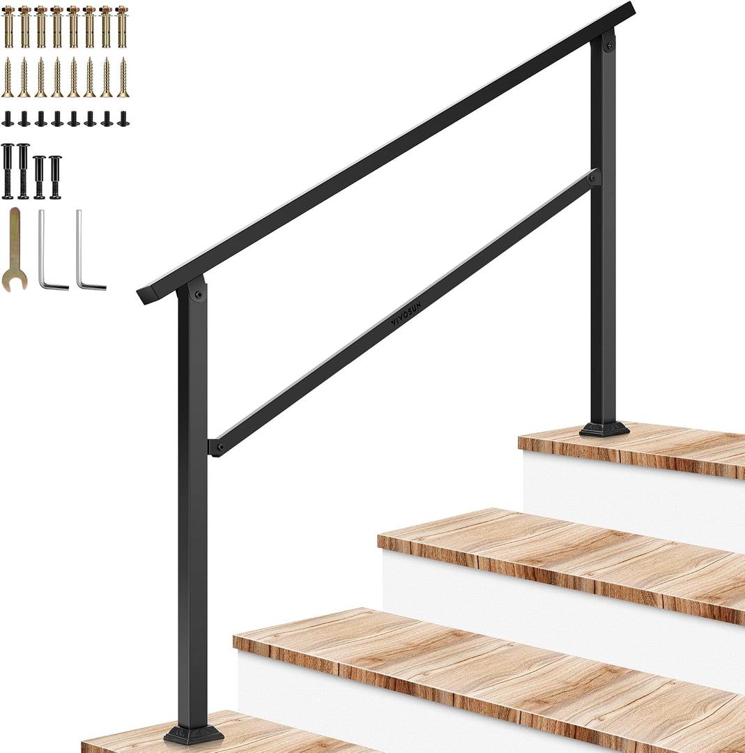 VIVOSUN 4-Step Stair Handrail 54"x36" Wrought Iron Porch Railing Black
