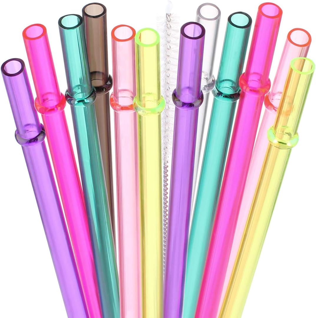 Dakoufish 13" Long Reusable Plastic Replacement Drinking Straws for 40 oz,30 oz & 24 oz Mason Jar,Tumblers, Set of 12 with Cleaning Brush (13inch,7color)