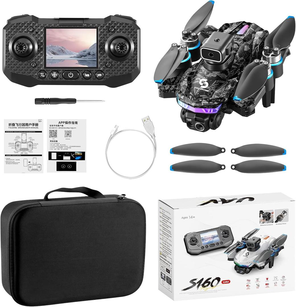 ikaufen S160 Drone with Built-in screen control, Camera for Adults RC Drone With HD Dual Camera WiFi FPV Foldable Quadcopter Aircraft +2 Battery (S160 screen control+2Batte Black1)