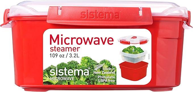 Sistema Microwave Food Steamer with Removable Steamer Basket | Large 3.2 L | Red/Clear