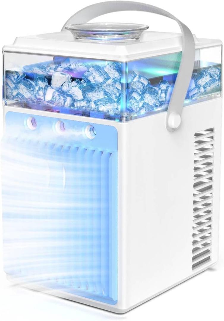 Portable Air Conditioner Fan, Rechargeable 4-IN-1 Personal Mini Cooler Humidifier, 3-Speed Evaporative Air Cooler with 7 Color Lights, Cordless AC Desktop Spray Conditioner, Quiet Desktop Cooling Fan