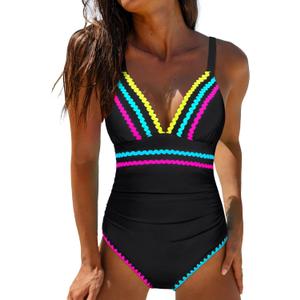 Popvil Womens Tummy Control One Piece Swimsuit 2026 Flattering Slimming Bathing Suit with Ruched Shapewear, Modest Swimwear, X-Large