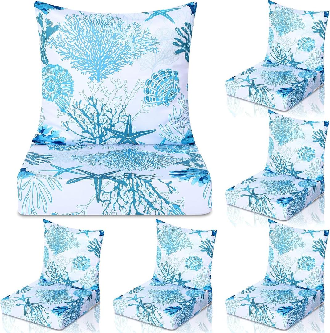 Hoteam 6 Set Outdoor Chair Patio Cushions 20 x 20 Inch Deep Seat Waterproof Chair Cushions for Patio Furniture Set Replacement Removable Seat and Back (Ocean)