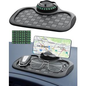 Multifunction Car Anti-Slip Mat Car Dashboard Mat 360° Rotating Adjustable Phone Holder with Hidden Parking Number Plate PVC Grid Style Mat