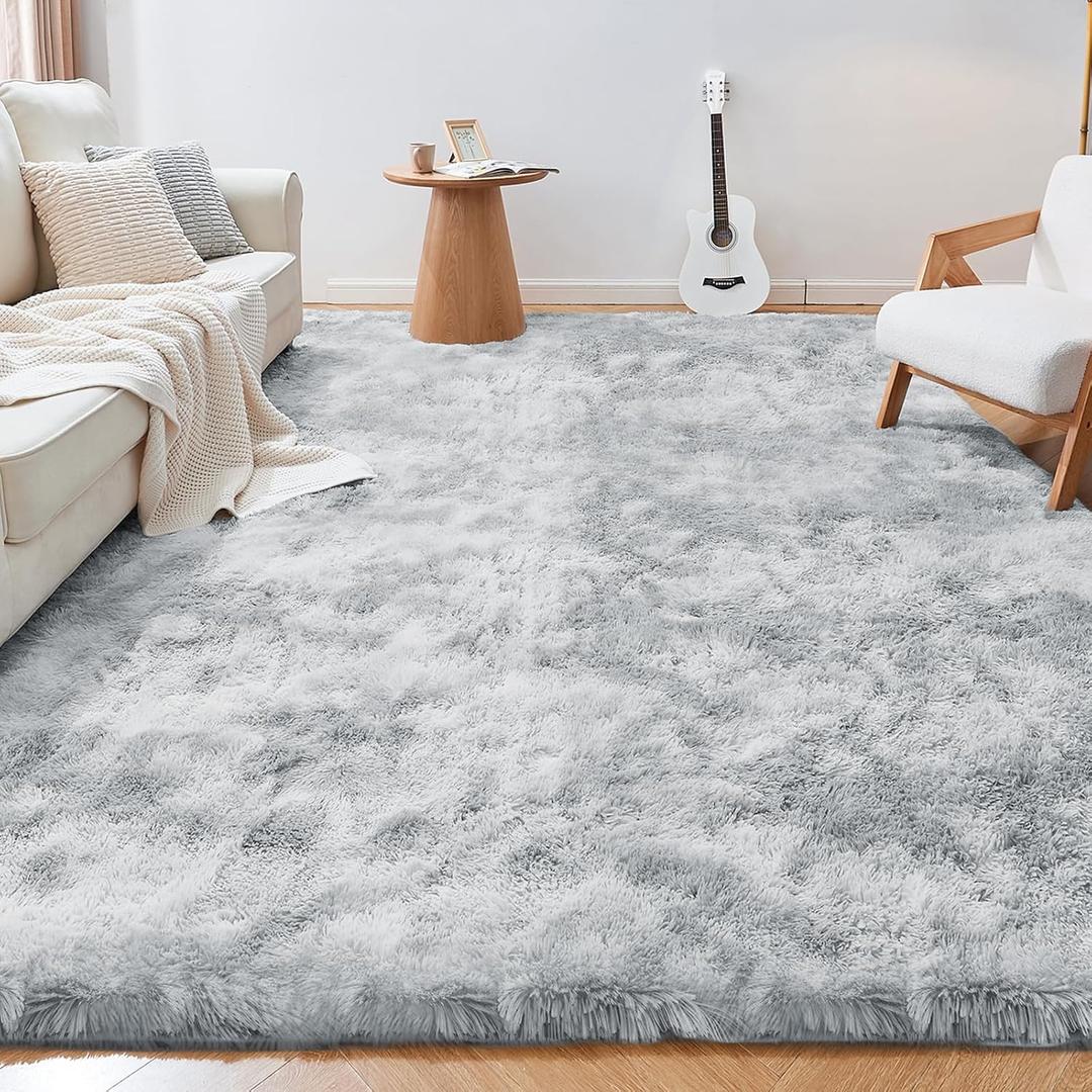 Area Rugs 9x6 for Living Room, Ultra Soft Nursery Rugs for Bedrooms, 9x6 Fluffy Kids Carpet with 0.4" Thick Non-Slip Backing, Long Pile Shag Carpet, Fuzzy, Shaggy, Tie-dye Light Grey