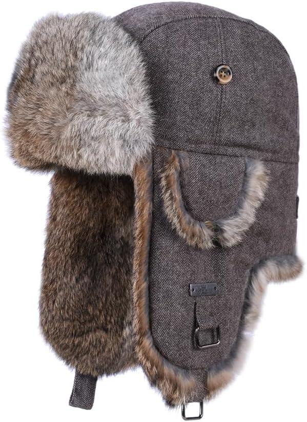 Fur Winter Trapper Hat,100% Rabbit Fur Aviator Ski Trapper Trooper Pilot Hat,Snow Eskimo Hat with Ear Flaps for Men & Women (Small-Medium, Brown)