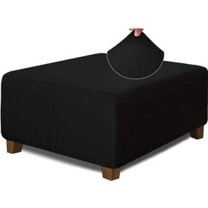 NeColorLife Square Ottoman Cover Jacquard Fabric Thick Stretchable Slipcover for Oversized Square Ottoman Furniture Protector,X-Large,Black