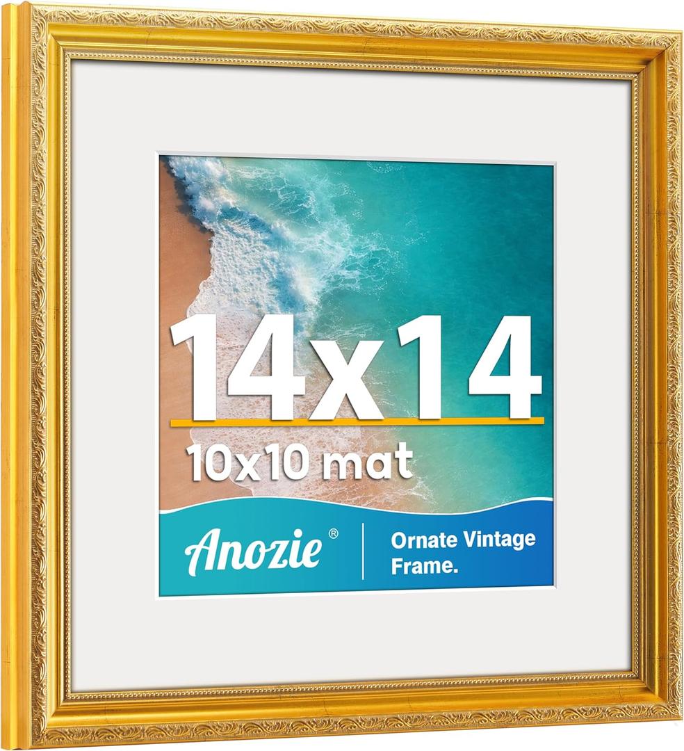 Vintage 14x14 Picture Frame, Antique Gold Photo Frames with Plexiglass Front,Ornate Square 14x14 Frame Display 10x10 with Mat or 14 x 14 Picture Frame Without, Wall Décor,1 Pack,Gold