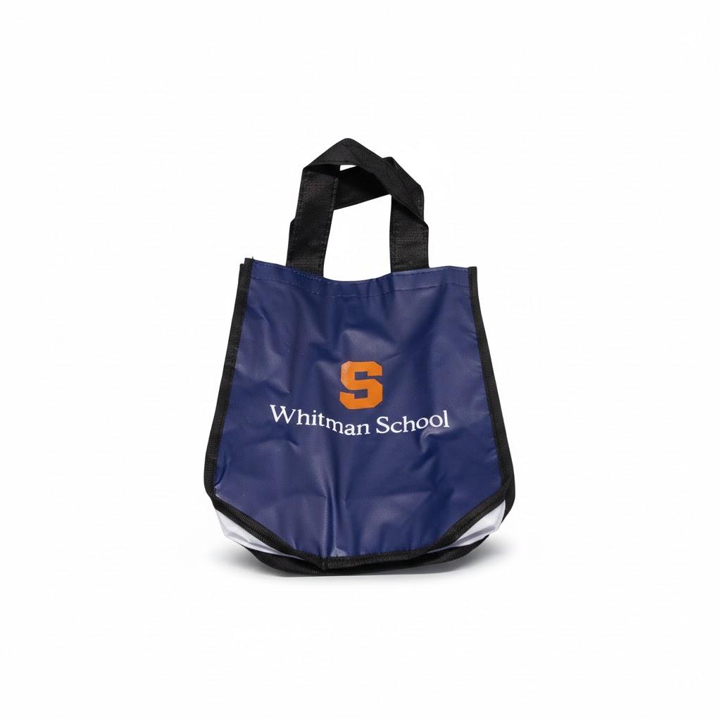 Small tote bag, Navy blue, orange logo, "Whitman School", 10 pack
