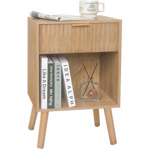 Fultyle Night Stand with Drawer, Mid Century Nightstand with Storage, Modern Fluted Bedside Table Bedroom Living Room for Small Space, Office (Rustic Walnut). 24.4x15.7