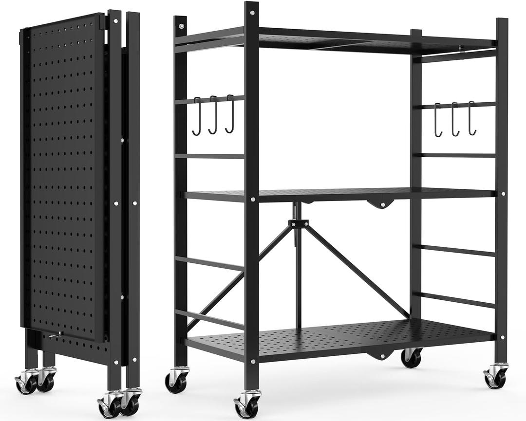 Himix Storage Shelves with 6 Hooks, 3 Tier Foldable Shelf with Wheels, Metal Storage Shelving Unit Rolling Cart, Utility Shelf Rack Organization Shelves for Pantry, Kitchen, Black - No Assembly