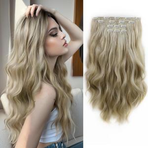 Wavy Natural Fakr Hair Extensions Clips for Women Clip ins 4PCS Non-Weft Synthetic Fiber Long Invisible Extension 22Inch Hairpieces For Daily Date Use Light Brown mix Golden Blonde