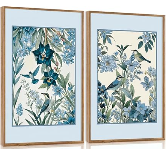 Aurlan Vintage Blue Birds and Botanical Framed Wall Art(16"x24"), 2PCS Classic Chinoiserie Audubon Bird Canvas Artwork, Large Abstract Watercolor Flowers Floral Home Decor for Bedroom Living Room