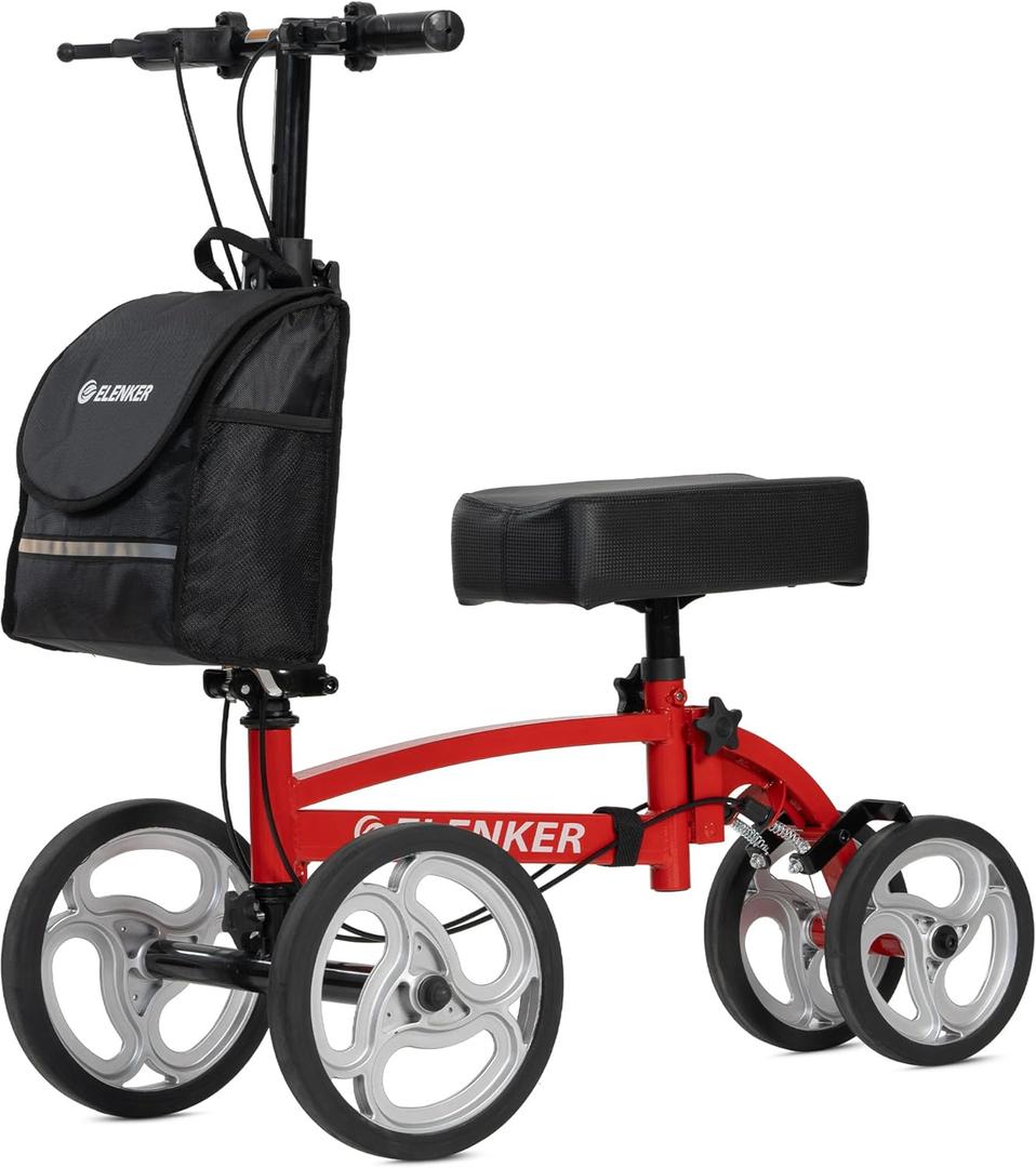 ELENKER Steerable Knee Scooter, Foldable Knee Walker with Basket Dual Braking System, Knee Scooters for or Angle and Injured Foot Broken Red