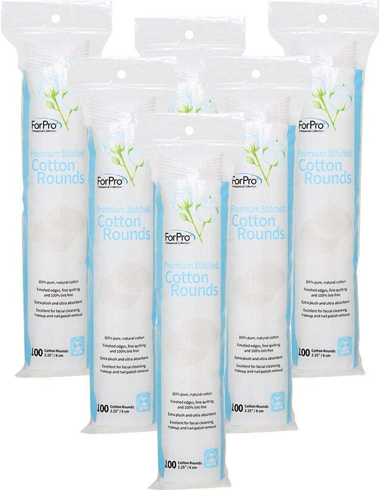 ForPro Premium Stitched Cotton Rounds, 100% Pure Cotton Pads for Removing Makeup, Nail Polish, and Cleansing Face, Pack of 6, Counts 600