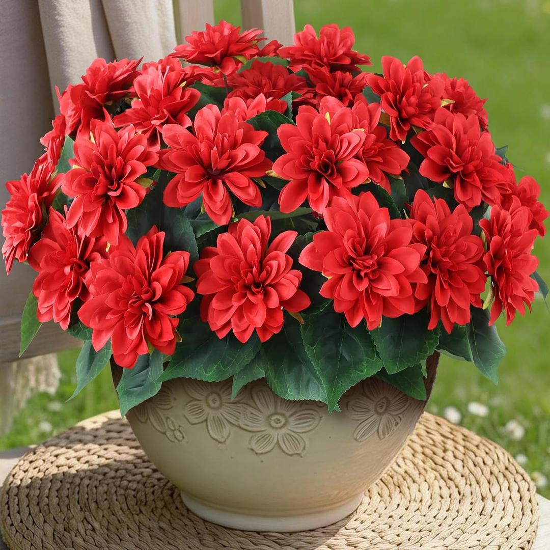VIERENA 8 Bundles Artificial Dahlia Flowers for Outdoors Spring Summer Decor, No Fade Silk Flower Faux Dahlias Plant Arrangement for Home Garden Balcony FarmhouseRed