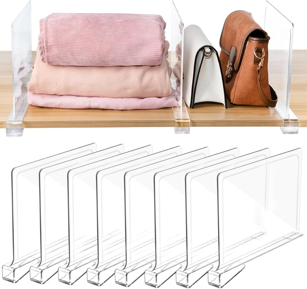 HONSREO Shelf Dividers for Closet Organization, 2 Pack Acrylic Shelf Divider for Clothes Purses, Clear Plastic Separators for Wood Shelves Organizer, Cabinets, Bedroom, Kitchen, Office