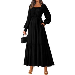 KIRUNDO Casual Fall Dresses for Women 2026 Flowy Long Sleeve Maxi Dress Smocked Empire Waist Square Neck Wedding Party, Medium