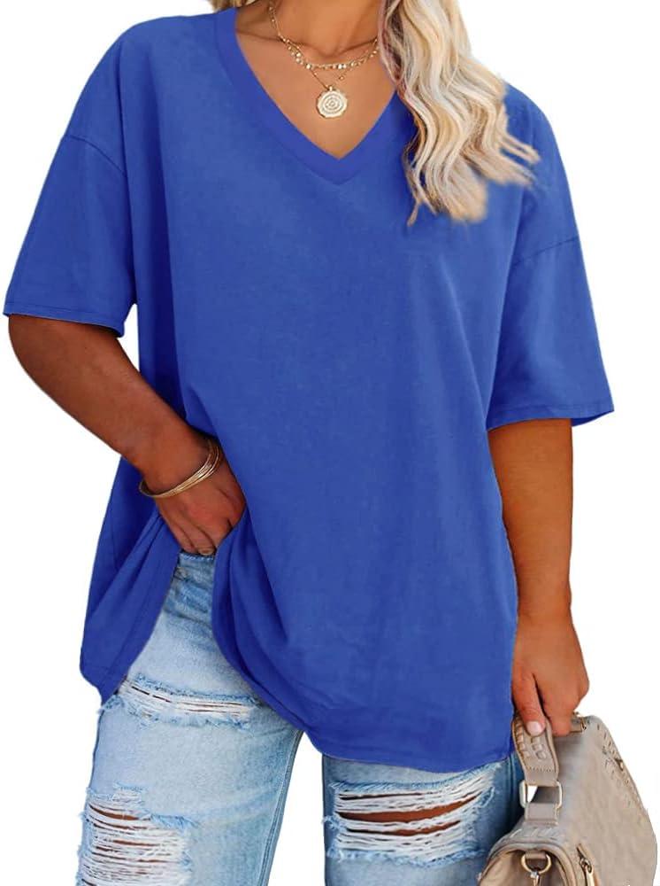 Fisoew Women's Plus Size V Neck T Shirts Summer Half Sleeve Tees Casual Loose Fit Cotton Tunic Tops, XL