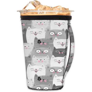 Kawaii Animal Kitten Reusable Iced Coffee Cup Sleeve With Handle Cute Cat Neoprene Ice Insulator Coffee Cup Sleeve Drink Holde Large 30-32 oz for Coffee Cups Beverages Water Bottle