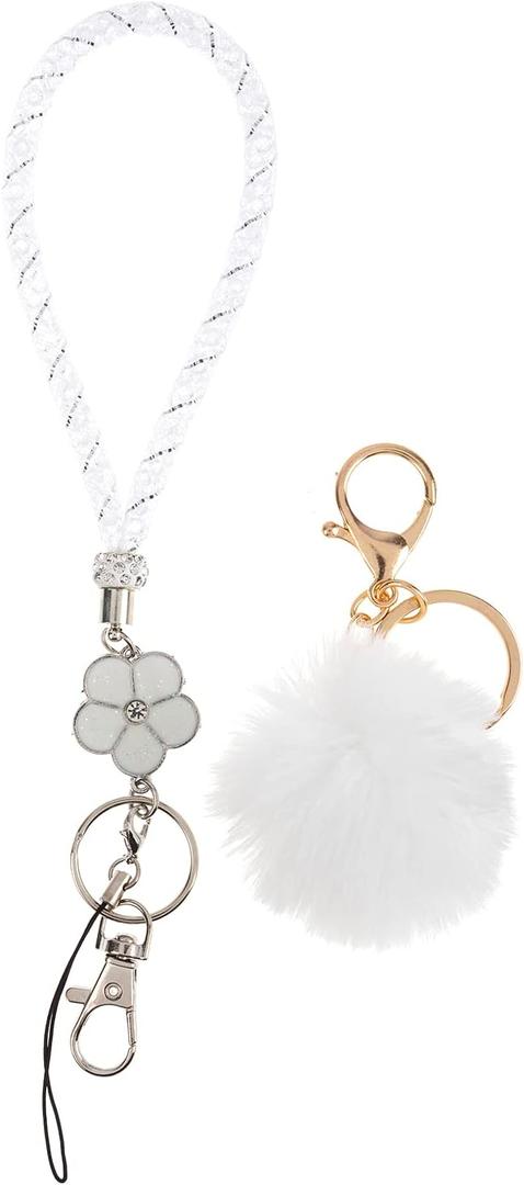 2 x Fashion 8" Handmade Crystal Wristlet Lanyard,Premium Bling Keychain Lanyard,Waterproof Plush Ball Rhinestone Waist Lanyard For Women(1 Clear)