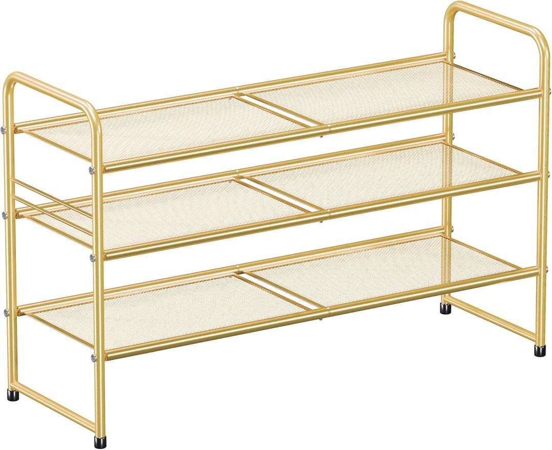 SUFAUY Shoe Rack for Closet, 33 inch Metal Shoe Shelf Heavy Duty, 3 Tier Mesh for Shoes, Gold