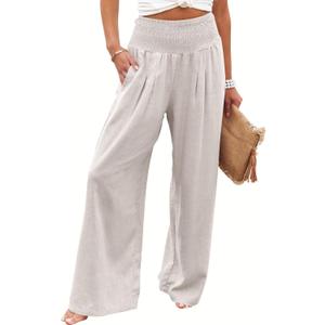ANRABESS Women Linen Palazzo Pants Summer Boho Wide Leg High Waist Casual Lounge Pant 2026 Beach Travel Vacation Outfits (Beige, M)