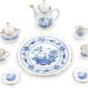 Dollhouse 1:6 Porcelain Tea Cup Sets 8 Pcs Set Miniature Ceramics Dollhouse Accessories Flower Pattern Teapot Platter Dish Sets Dollhouse Kitchen Supplies Decoration (Blue)