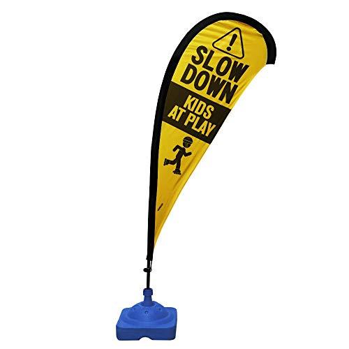 Teardrop Banner Flag Safety Sign with Fiberglass Poles and Weighted Base for Yards and Driveways -"Slow Down Kids at Play", Yellow