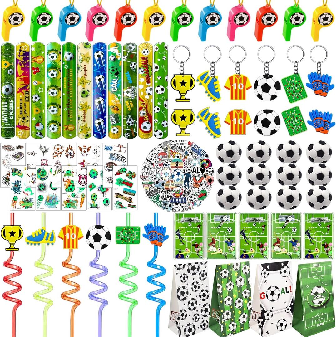 158 PCS Soccer Party Favors Set with Goodie Bags, Slap Bracelets, Straws, Puzzles, Tattoo Stickers, Erasers, Keychains, Whistle - Soccer Party Supplies & Decorations