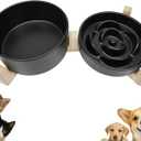 Ceramic Slow Feeder Dog Bowl Set-1 Cup Puzzle Dog Food Bowl & 850ML Water bowl with wooden stand for small dogs, Anti-Gulping,Anti-chewing,Anti-Slip,Black