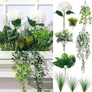 Giegxin 18 Pcs Artificial Plants Outdoor UV Resistant Artificial Fake Bushes for Window Box Greenery Shrub Succulent Hydrangea Flower for Indoor Outdoor Garden Front Patio Yard Porch Decor(White)